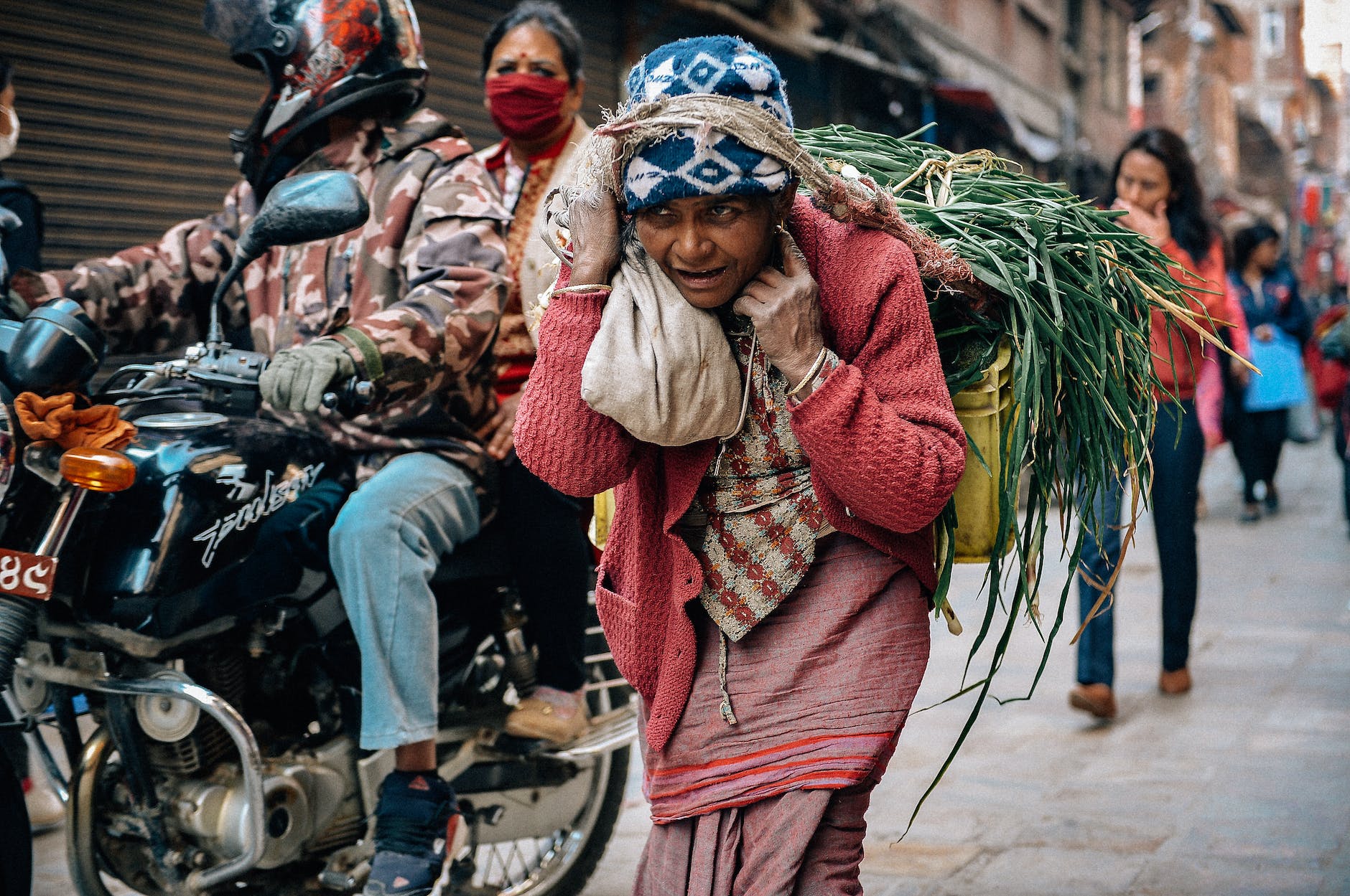poor hindu woman carrying bundle of grass on city street
